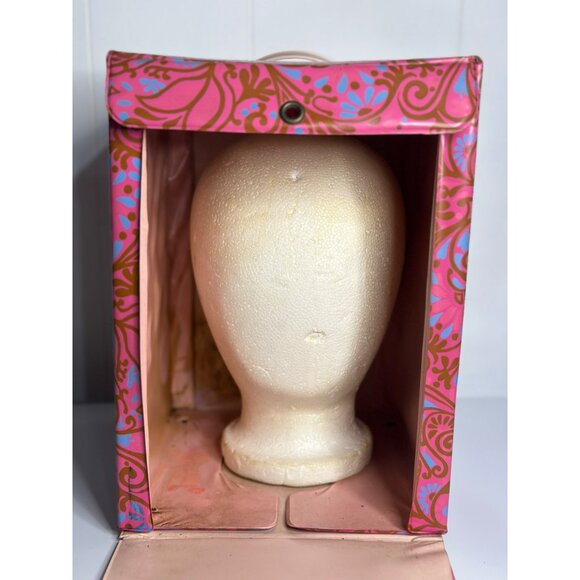 VTG 60s Mod Pink & Blue Floral Wig Storage Box Vinyl Carry Case Wig Stand READ - Picture 6 of 7